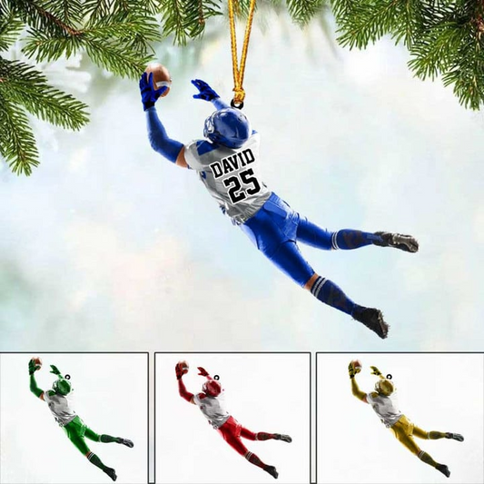 Personalized American Football Player Catch The Ball Flat Acrylic Ornament, Meaningful Ornament Gift For Son, Football Player