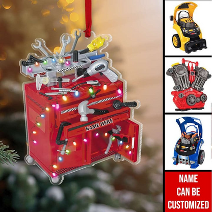 Custom Acrylic Christmas Ornament, Personalized Racing Toy Tool Box & Engine Block Custom Shaped Acrylic Ornament For Mechanic, Racer