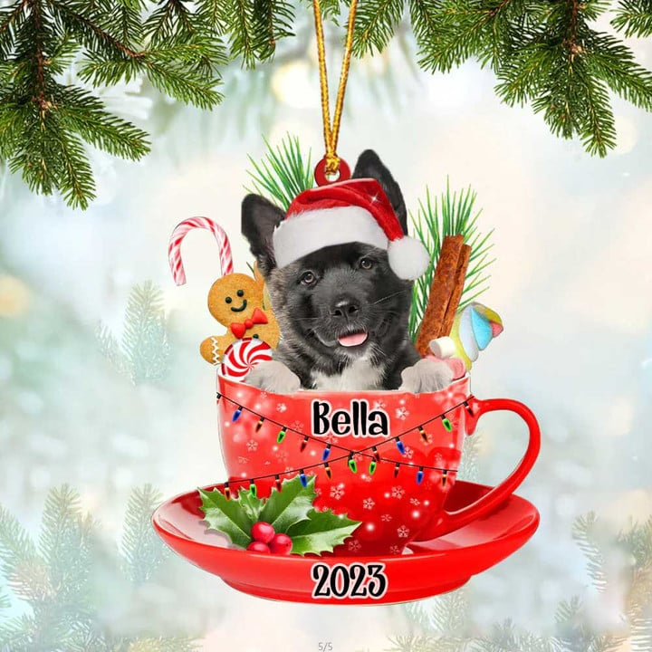 Custom Dog Acrylic Christmas Ornament, Personalized American Akita & Santa Hat In Red Cup Acrylic Ornament for Dog Lover,Christmas, New Year