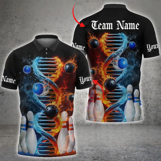 Customized Unisex Polo Shirt, DNA Helix Design With Fire And Water Elements, Uniform Bowling - Personalized Name And Team Name