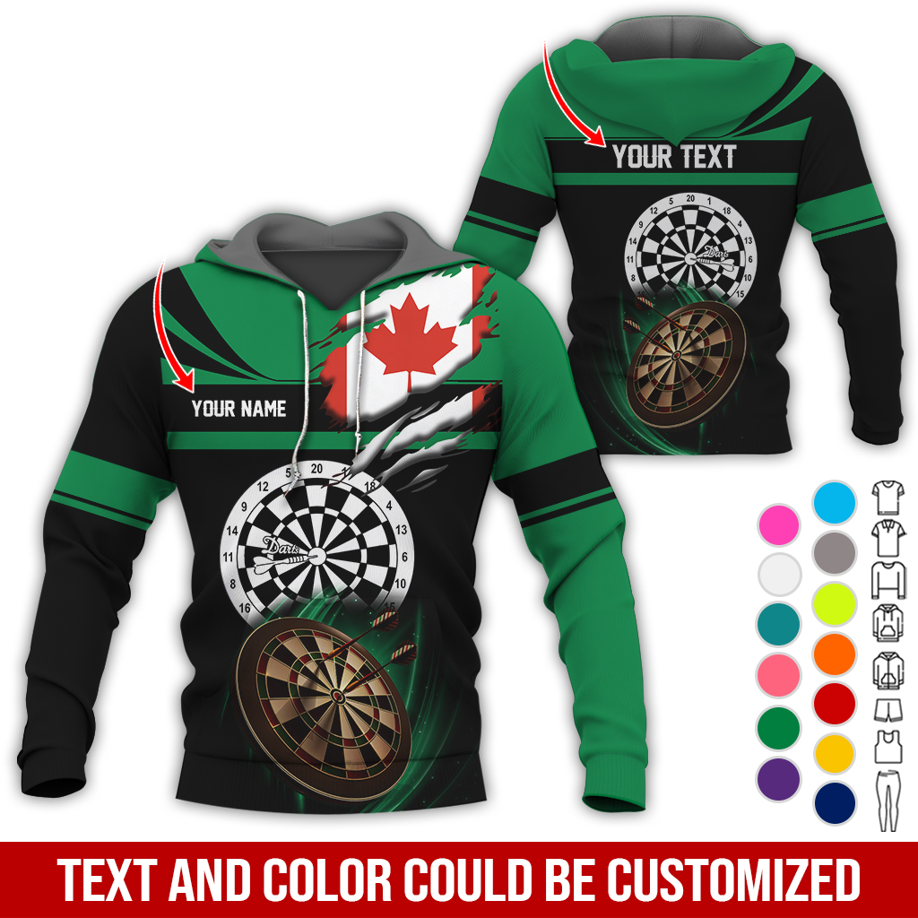 Customized Name & Text Darts Premium Hoodie, Canada Flag Pattern Darts Hoodie, Perfect Gift For Darts Lovers, Friend, Family