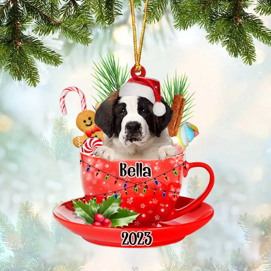 Custom Dog Acrylic Christmas Ornament, Personalized Cute Saint Bernard & Santa Hat In Red Cup Christmas Acrylic Ornament for Dog Lover