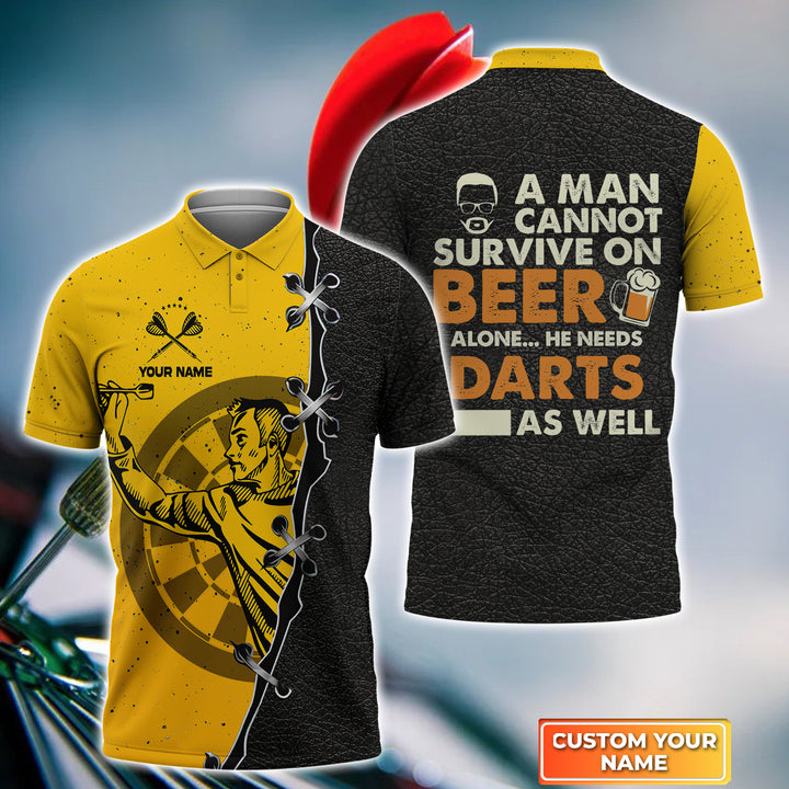 Customized Darts Polo Shirt - Personalized Darts & Beer A Man Cannot Survive On Beer Alone He Needs Darts As Well Polo Shirt For Darts Lovers