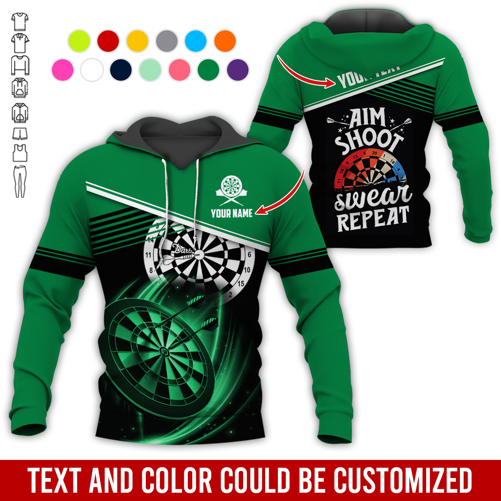 Customized Name & Text Darts Premium Hoodie, Aim Shoot Swear Repeat Darts Hoodie, Perfect Gift For Darts Lovers, Darts Player