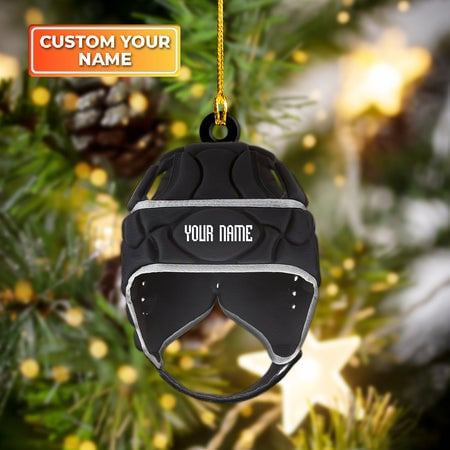 Custom Football Acrylic Christmas Ornament, Personalized Rugby Union Black Scrum Cap Acrylic Ornament For American Football Lover