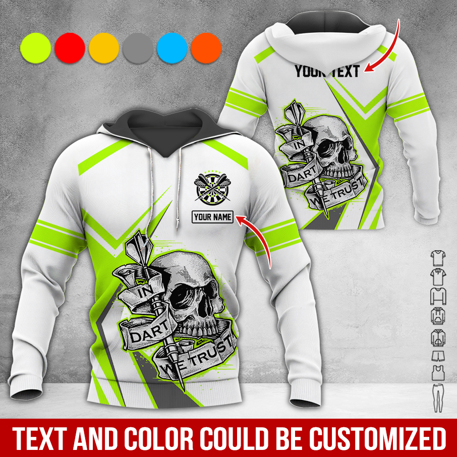Customized Name & Text Darts Skull Premium Hoodie, In Darts We Trust White Hoodie For Men & Woman, Perfect Gift For Darts Lovers, Darts Player