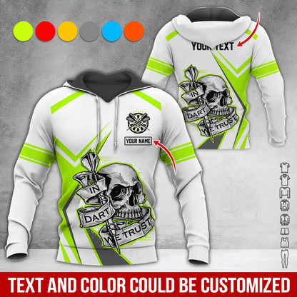 Customized Name & Text Darts Skull Premium Hoodie, In Darts We Trust White Hoodie For Men & Woman, Perfect Gift For Darts Lovers, Darts Player