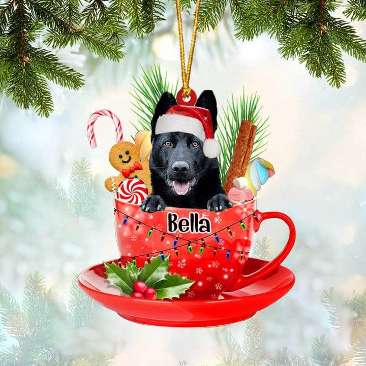 Custom Dog Acrylic Christmas Ornament, Personalized Black German Shepherd In Red Cup Acrylic Ornament for Dog Lover, Christmas, New Year