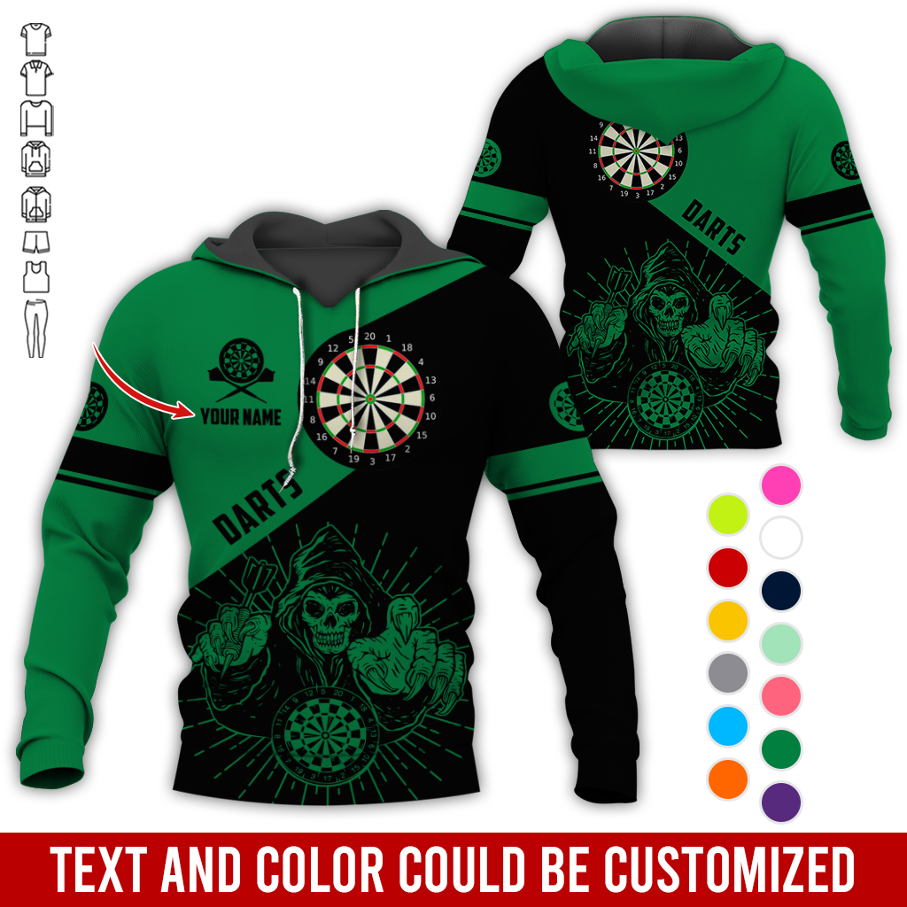 Customized Name Darts Skull Premium Hoodie, Skeleton Playing Darts Pattern Hoodie, Perfect Gift For Darts Lovers, Friend, Family