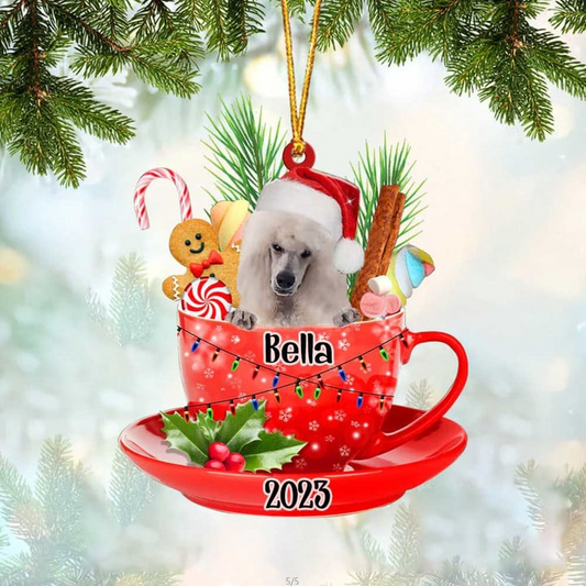 Custom Dog Acrylic Christmas Ornament, Personalized Cute White Standard Poodle & Santa Hat In Red Cup Acrylic Ornament for Dog Lover