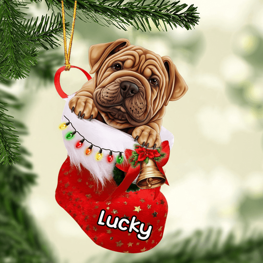 Custom Dog Acrylic Christmas Ornament, Personalized Shar Pei In Stocking Christmas Acrylic Ornament for Dog Lover, New Year