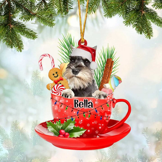 Custom Dog Acrylic Christmas Ornament, Personalized Grey Miniature Schnauzer & Santa Hat In Red Cup Acrylic Ornament for Dog Lover