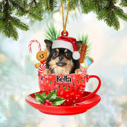 Custom Dog Acrylic Christmas Ornament, Personalized Chihuahua Long Haired & Santa Hat In Red Cup Acrylic Ornament for Dog Lover, Christmas