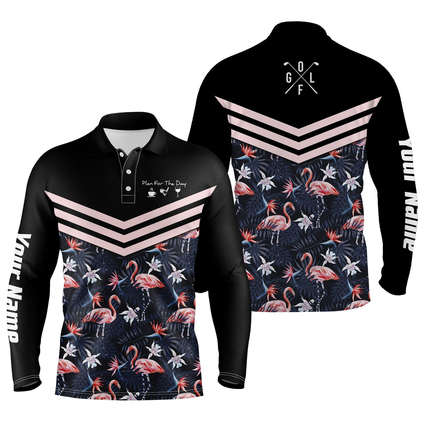 Custom Golf Long Sleeve Men Polo Shirt - Tropical Leaf Flamingo Pattern Polo Shirt - Plan For The Day Coffee Golf Wine - Gift For Golf Lover, Team