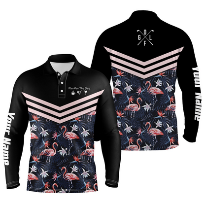 Custom Golf Long Sleeve Men Polo Shirt - Tropical Leaf Flamingo Pattern Polo Shirt - Plan For The Day Coffee Golf Wine - Gift For Golf Lover, Team