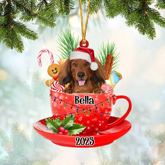 Custom Dog Acrylic Christmas Ornament, Personalized Red Long Haired Dachshund & Santa Hat In Red Cup Acrylic Ornament for Dog Lover