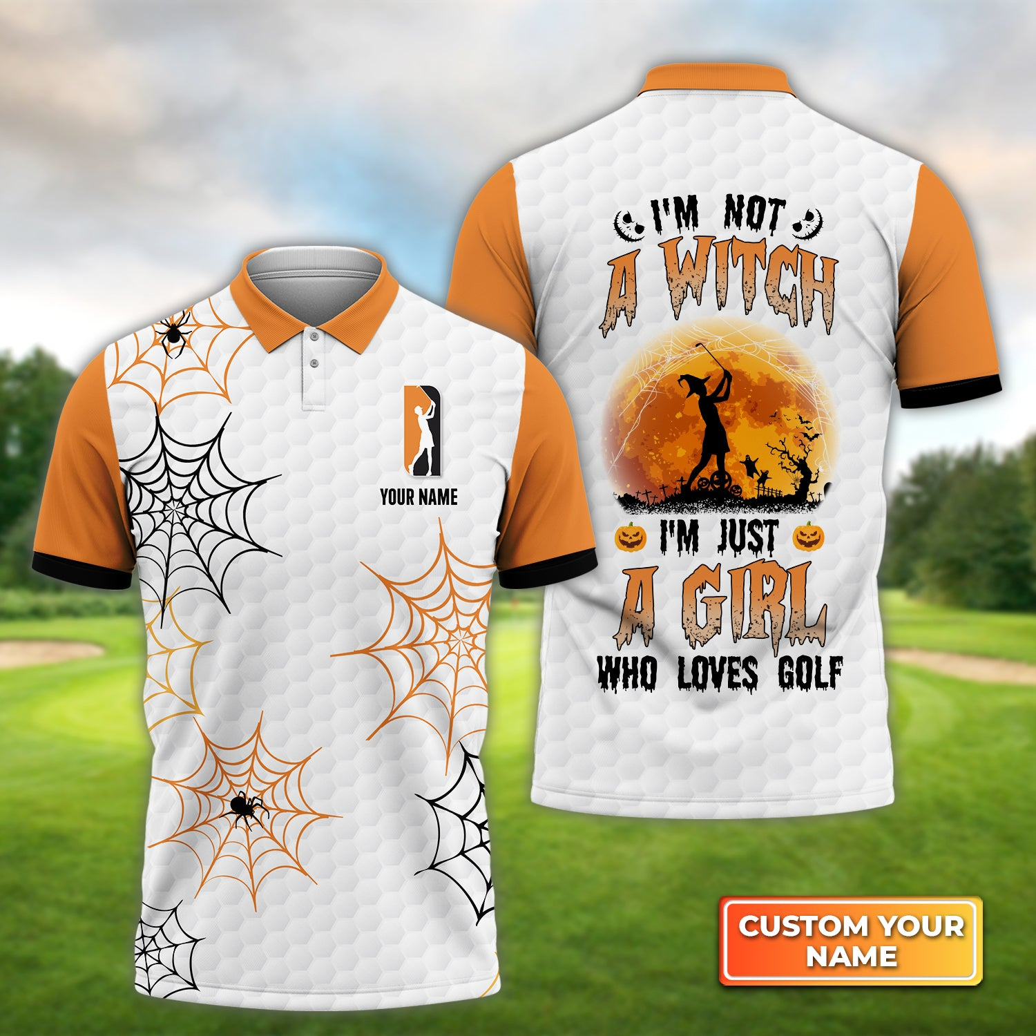 Personalized Golf Men Polo Shirt -Custom Name Halloween Shirt, I'm Not A Witch I'm Just A Girl Who Loves Golf Men Polo Shirt For Halloween, Golf Lover