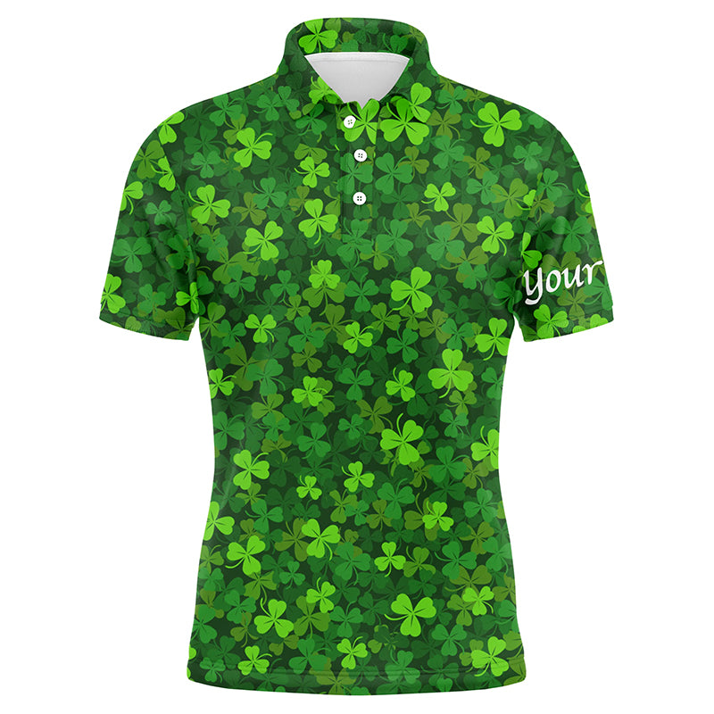 Custom Golf Long Sleeve Men Polo Shirt, Custom Name Green Clover St Patrick's Day Apparel - Personalized Gift For Men, Golf Lover