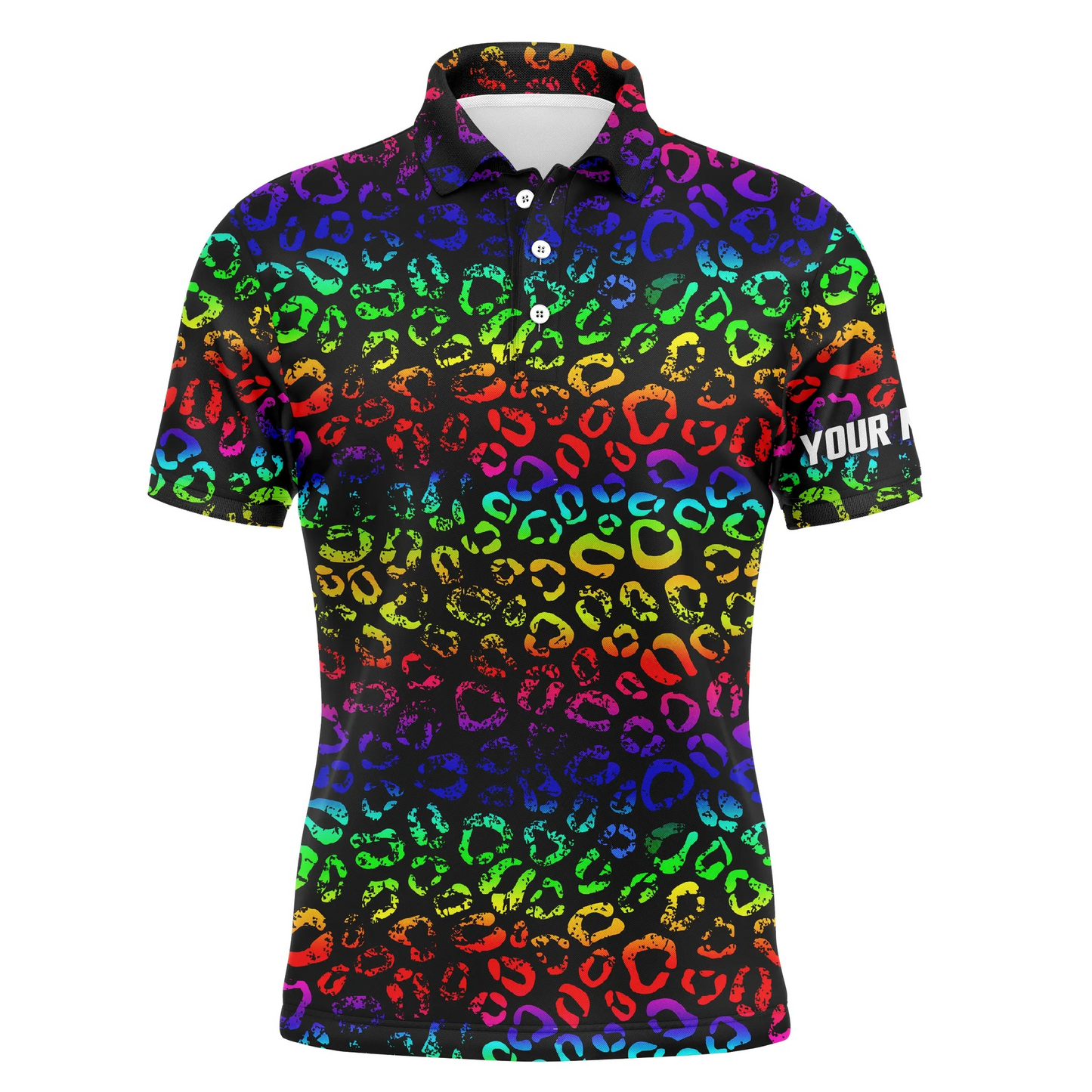 Custom Golf Long Sleeve Men Polo Shirt - Custom Name Colorful Neon Rainbow Leopard Pattern Apparel - Personalized Gift For Men, Golf Lover