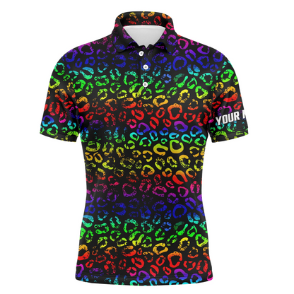 Custom Golf Long Sleeve Men Polo Shirt - Custom Name Colorful Neon Rainbow Leopard Pattern Apparel - Personalized Gift For Men, Golf Lover
