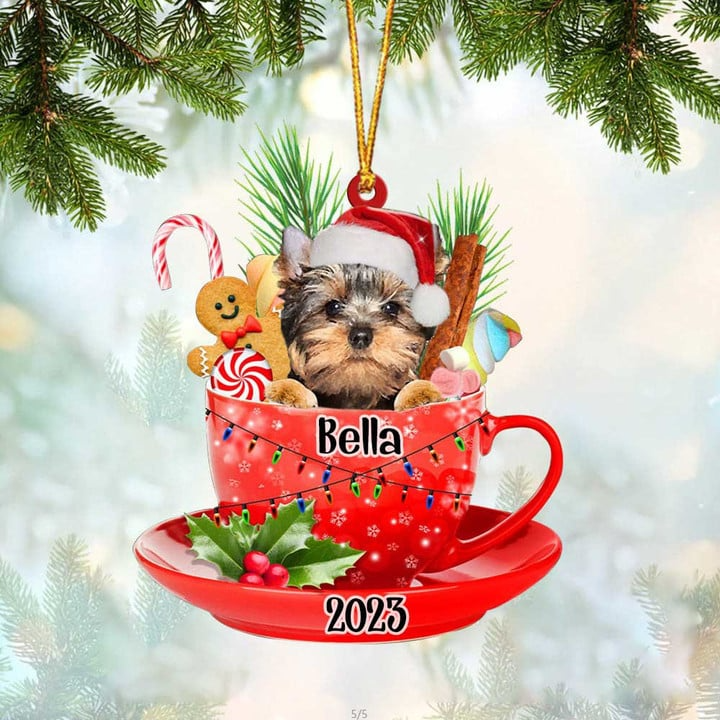 Custom Dog Acrylic Christmas Ornament, Personalized YorkShire Terrier In Red Cup Acrylic Ornament for Dog Lover, Christmas, New Year