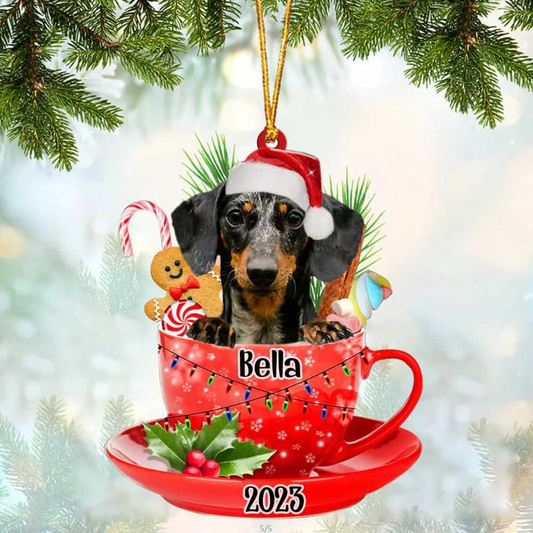 Custom Dog Acrylic Christmas Ornament, Personalized Cute Dapple Dachshund & Santa Hat In Red Cup Christmas Acrylic Ornament for Dog Lover