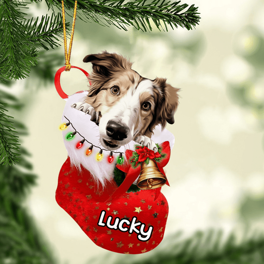 Custom Dog Acrylic Christmas Ornament, Personalized Borzoi In Stocking Christmas Acrylic Ornament for Dog Lover, New Year