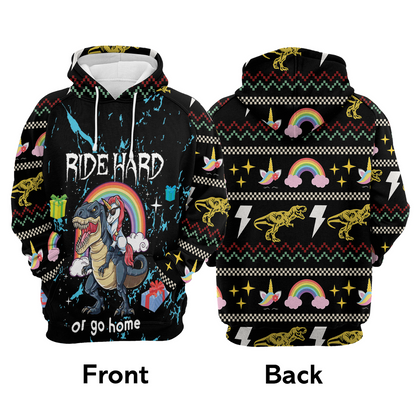 Dinosaur Unicorn Premium Christmas Hoodie, Dinosaur Unicorn Ride Hard Or Go Home Unisex Hoodie For Men & Women - Perfect Gift For Christmas, Dinosaur Unicorn Lover