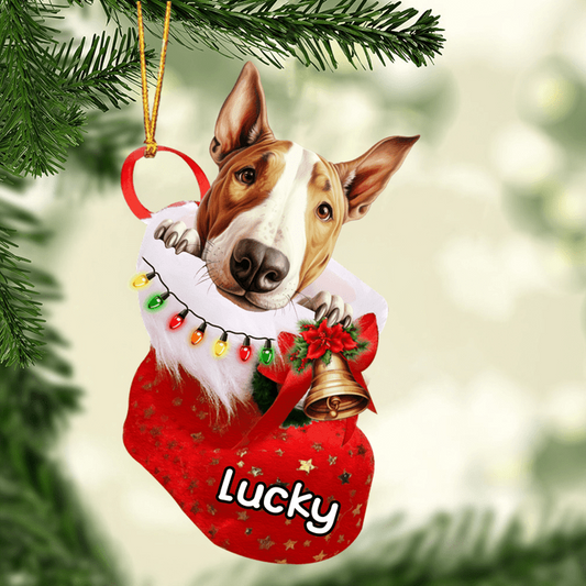 Custom Dog Acrylic Christmas Ornament, Personalized Bull Terrier In Stocking Christmas Acrylic Ornament for Dog Lover, New Year