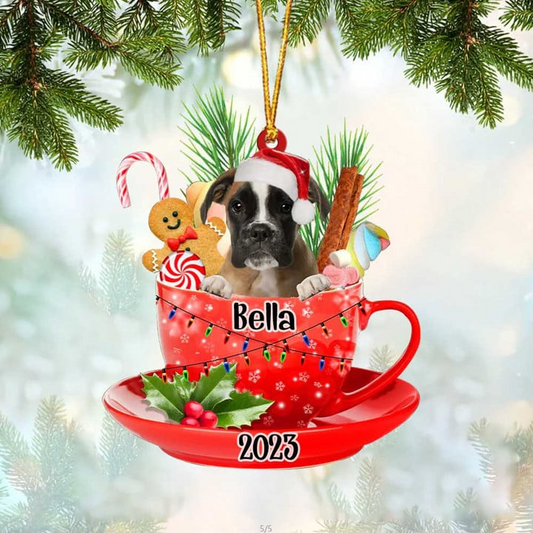 Custom Dog Acrylic Christmas Ornament, Personalized Brown Boxer & Santa Hat In Red Cup Acrylic Ornament for Dog Lover,Christmas, New Year