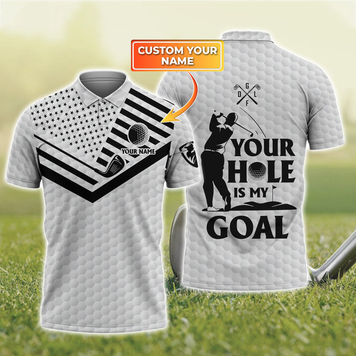 Personalized Golf Men Polo Shirt - Custom Name American Flag Shirt, Your Hole Is My Goal Golf Men Polo Shirt For Golf Lover