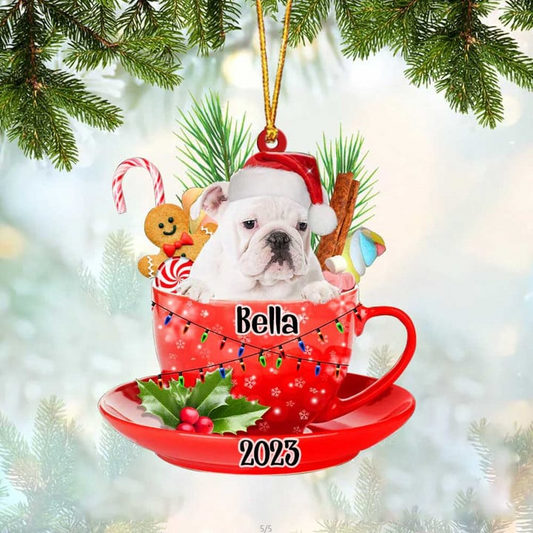 Custom Dog Acrylic Christmas Ornament, Personalized Awesome White English Bulldog & Santa Hat In Red Cup Acrylic Ornament for Dog Lover