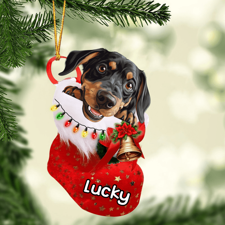 Custom Dog Acrylic Christmas Ornament, Personalized Austrian Black and Tan Hound in Christmas Stocking Acrylic Ornament for Dog Lover