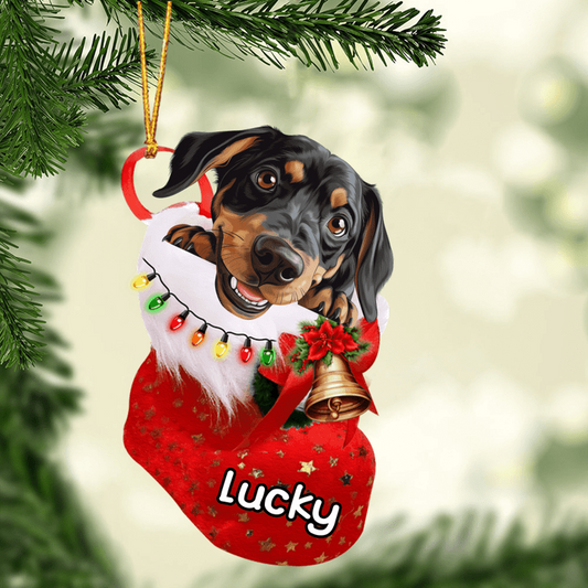 Custom Dog Acrylic Christmas Ornament, Personalized Austrian Black and Tan Hound in Christmas Stocking Acrylic Ornament for Dog Lover