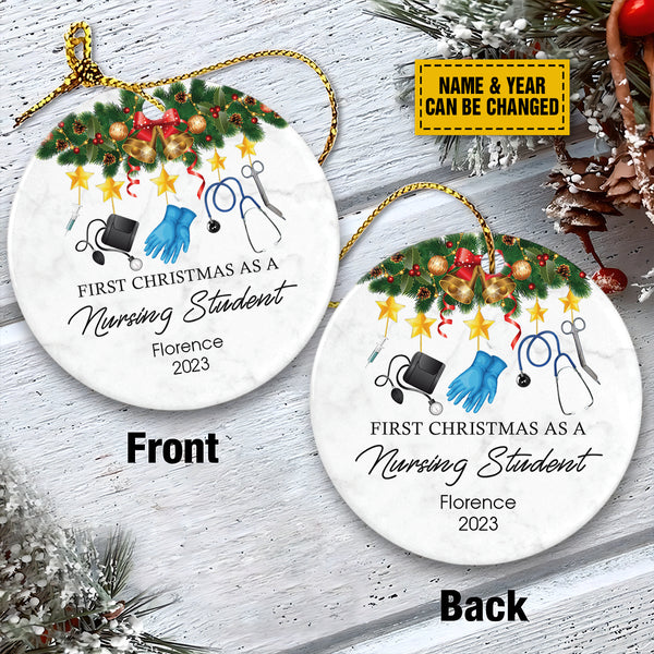 Personalize Ceramic Christmas Ornament - Custom First Christmas As A Nursing Student Circle Ceramic Ornament, Perfect Gift For Christmas