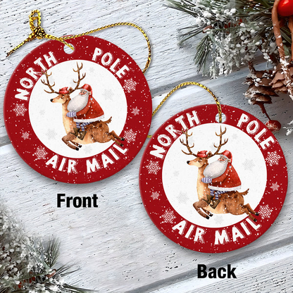 Santa Claus Ceramic Christmas Ornament - North Pole Air Mail Circle Ceramic Ornament, Perfect Gift For Christmas, Holiday Decor