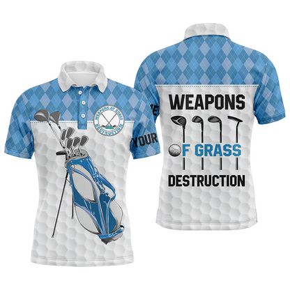 Custom Golf Long Sleeve Men Polo Shirt - Golf Bag Clubs Custom Name Apparel - Weapons Of Grass Destruction - Personalized Gift For Men, Golf Lover
