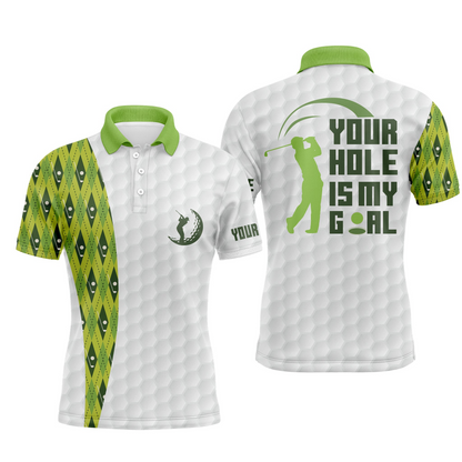 Custom Golf Long Sleeve Men Polo Shirt -Your Hole Is My Goal Green Argyle Pattern Polo Shirt, White And Green Golf Shirt For Men, Golf Lover