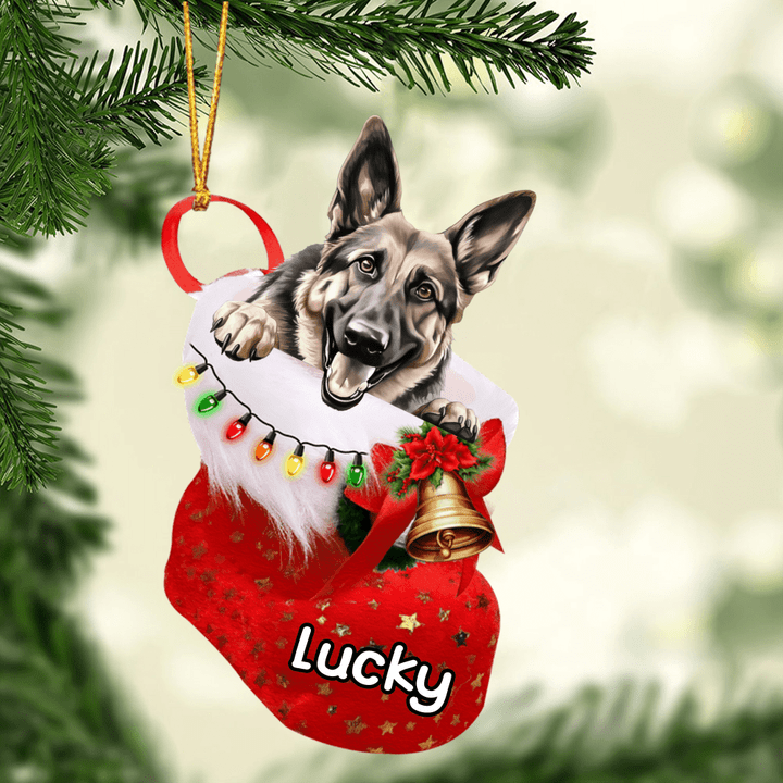 Custom Dog Acrylic Christmas Ornament, Personalized Cute German Shepherd In Stocking Christmas Acrylic Ornament for Dog Lover, New Year