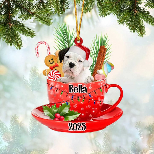 Custom Dog Acrylic Christmas Ornament, Personalized White Boxer In Cup Merry Christmas Acrylic Ornament for Dog Lover, Christmas, New Year