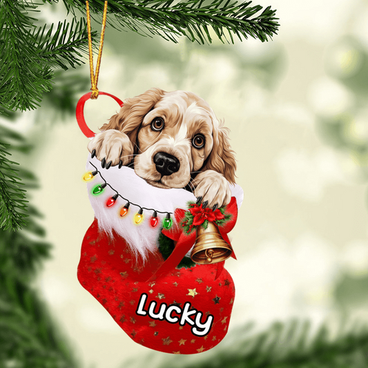 Custom Dog Acrylic Christmas Ornament, Personalized Clumber Spaniel In Stocking Christmas Acrylic Ornament for Dog Lover, New Year