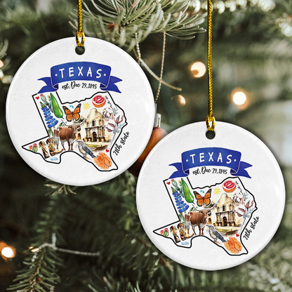 Artistic Texas Ceramic Christmas Ornament - Artistic Texas State Landmarks Circle Ceramic Ornament, Gift For Christmas, Holiday Decor