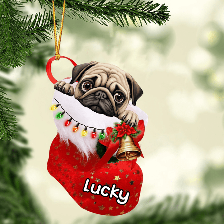 Custom Dog Acrylic Christmas Ornament, Personalized Cute Pug In Stocking Christmas Acrylic Ornament for Dog Lover, New Year