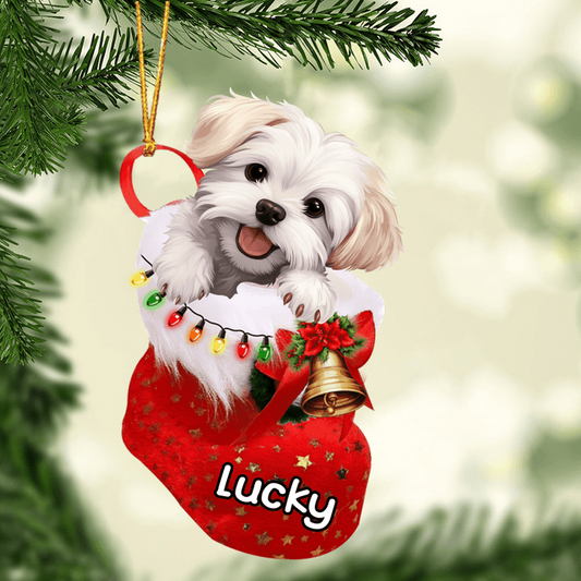 Custom Dog Acrylic Christmas Ornament, Personalized Maltese In Stocking Christmas Acrylic Ornament for Dog Lover, New Year