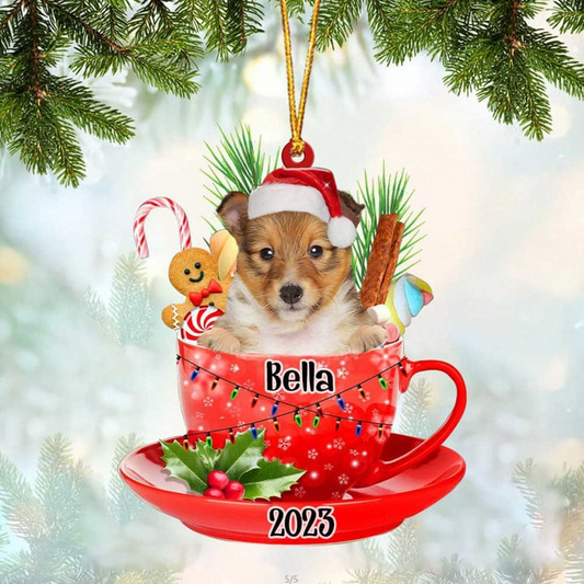 Custom Dog Acrylic Christmas Ornament, Personalized Shetland Sheepdog In Cup Merry Acrylic Ornament For Dog Lovers, Christmas, New Year