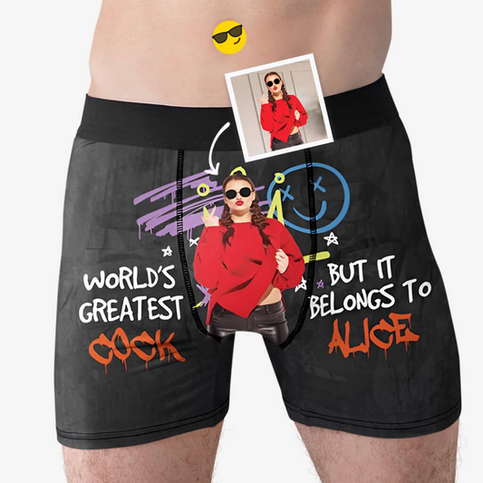 Personalized Boxers, Custom Face Underwear - Customized World's Greatest Cock But It Belongs To You Boxer - Best Valentine Gift For Men From Lover