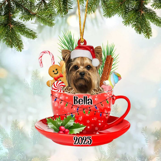 Custom Dog Acrylic Christmas Ornament, Personalized Awesome Yorkshire & Santa Hat In Red Cup Christmas Acrylic Ornament for Dog Lover