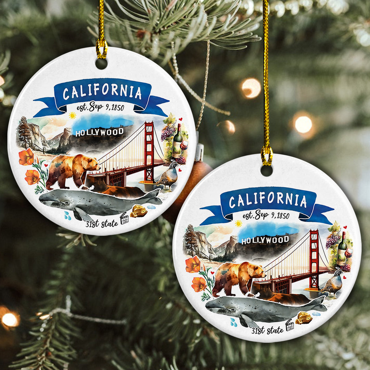 California State Ceramic Christmas Ornament - California State Themes And Landmarks Circle Ceramic Ornament, Perfect Gift For Christmas