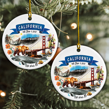 California State Ceramic Christmas Ornament - California State Themes And Landmarks Circle Ceramic Ornament, Perfect Gift For Christmas