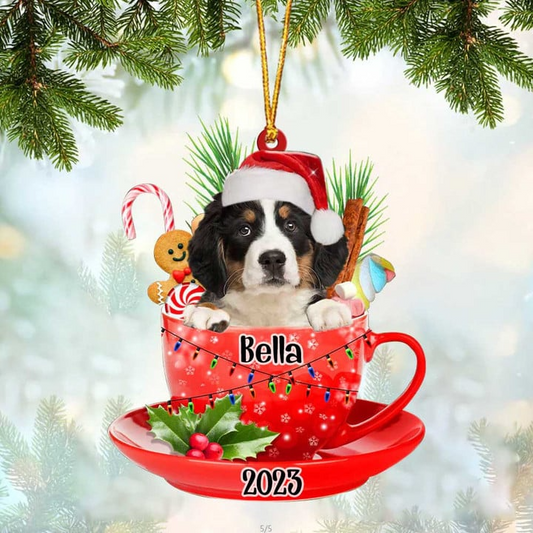 Custom Dog Acrylic Christmas Ornament, Personalized Bernese Mountain & Santa Hat In Red Cup Christmas Acrylic Ornament for Dog Lover